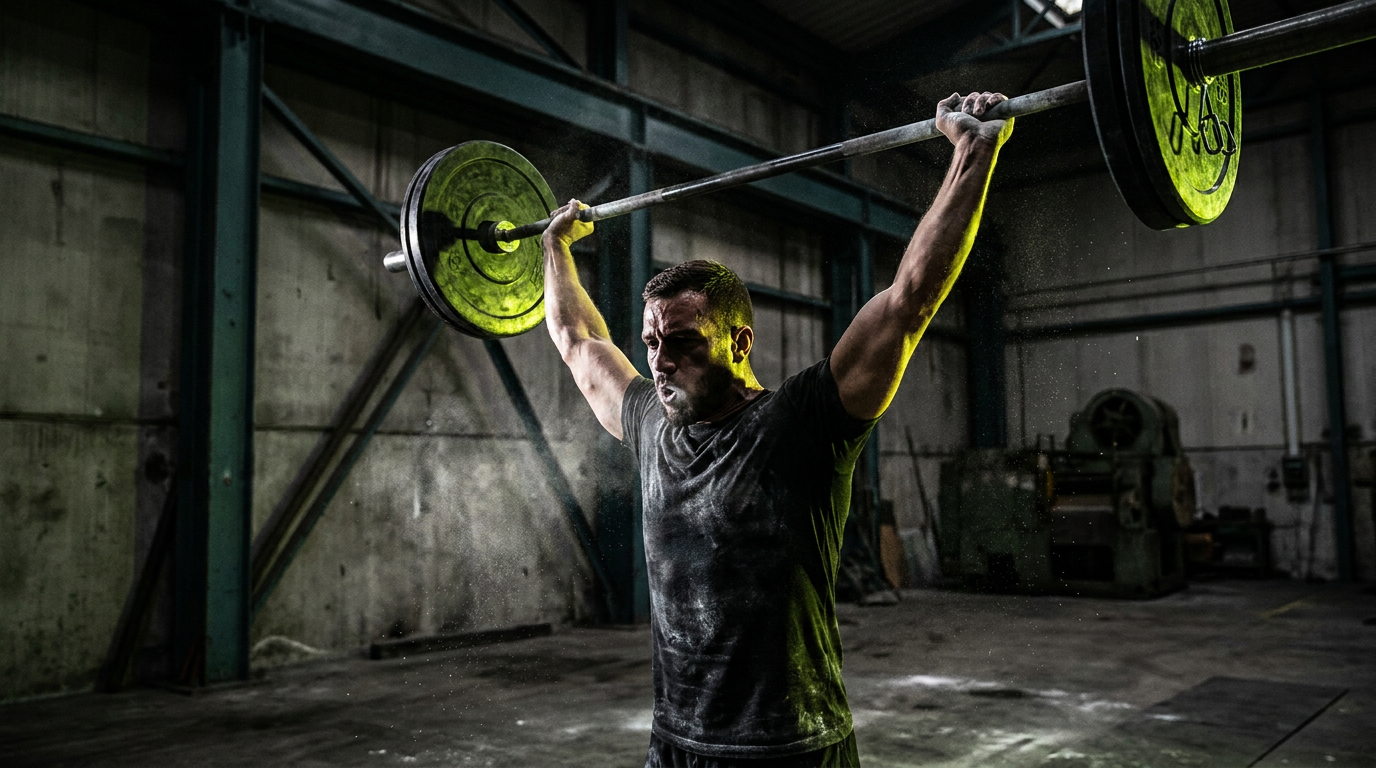 Athlete resting between sets in a dark gym after training
