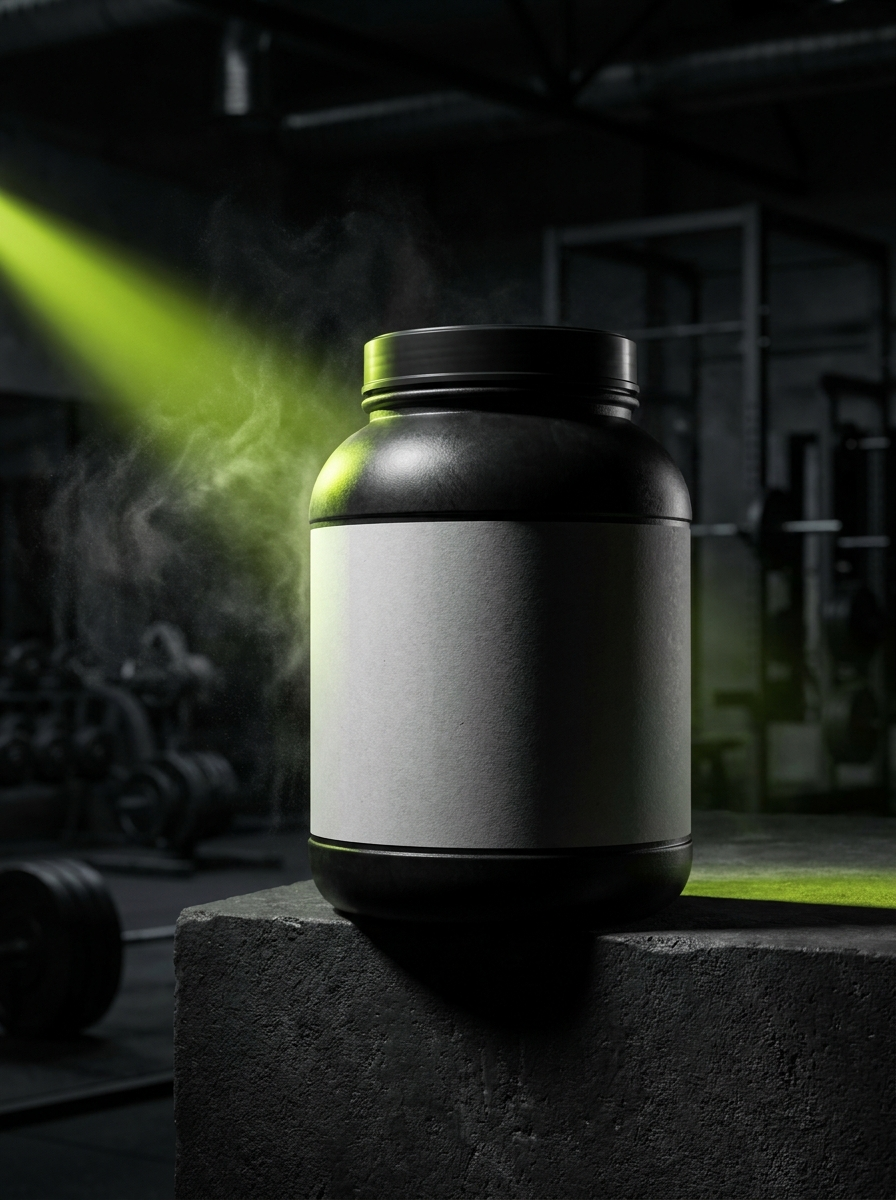 ATLAS grass-fed whey isolate protein tub lit by a stage spotlight