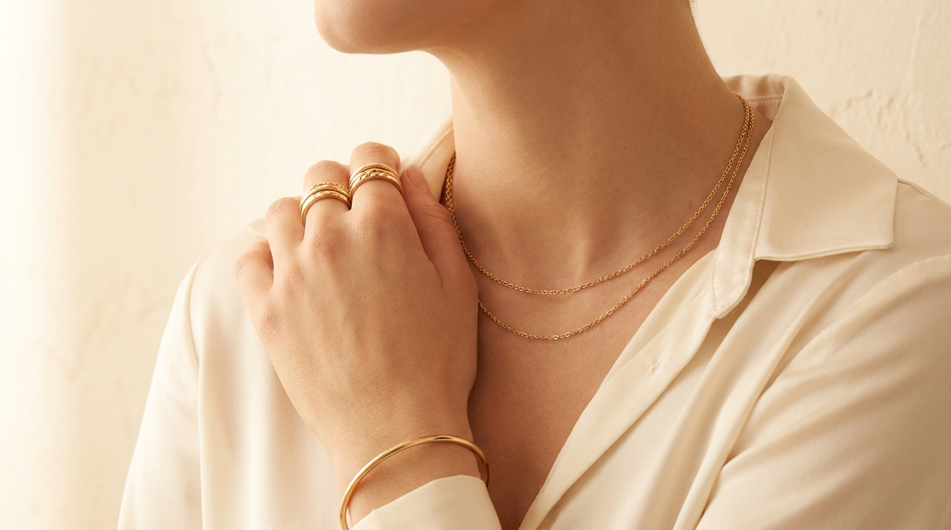 Model wearing a layered set of Aurelle solid gold chains and stacked rings in warm light