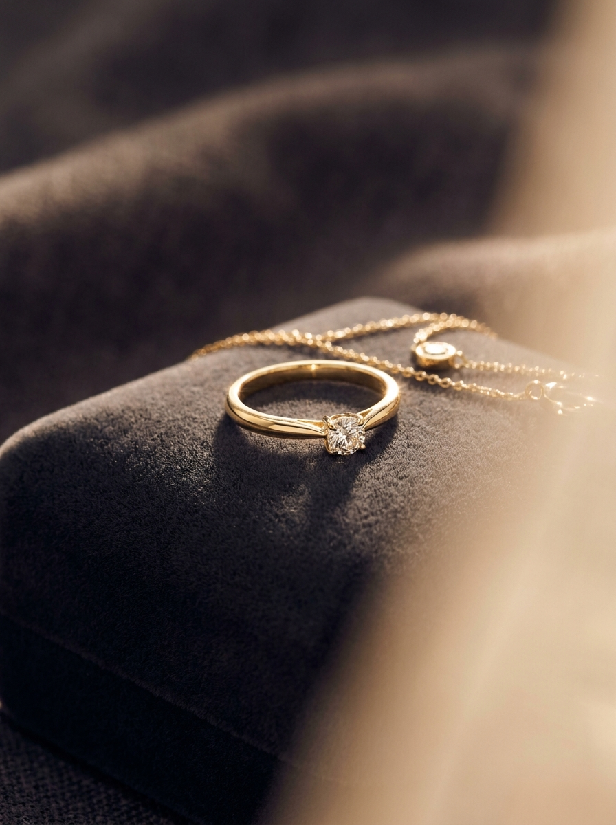 The Everyday Stack, three solid 18k gold Aurelle pieces resting on dark velvet in warm light