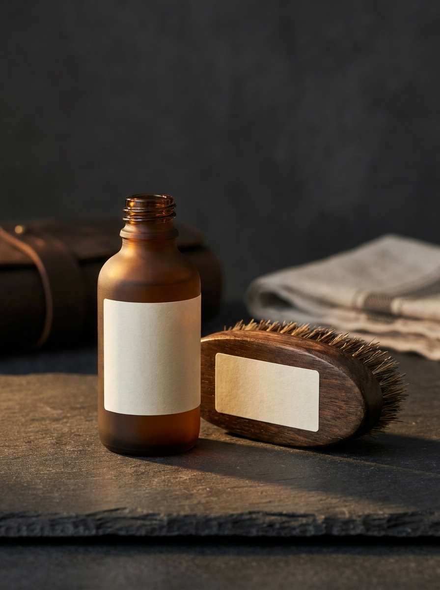 The Birch grooming set: beard wash, beard oil and a boar bristle brush arranged on a dark surface