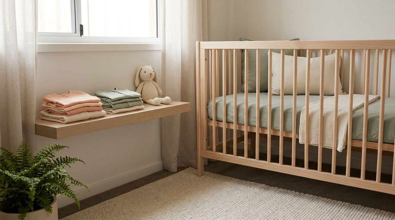 A calm pastel nursery corner with folded organic blankets in soft natural light