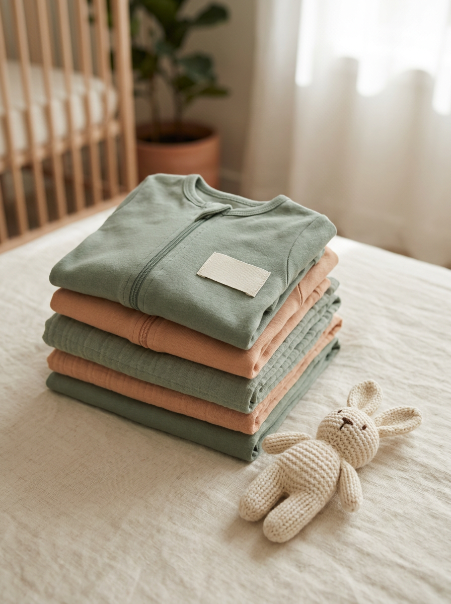 Folded organic cotton babygrow in soft sage, with a knitted bunny toy and a cream swaddle blanket