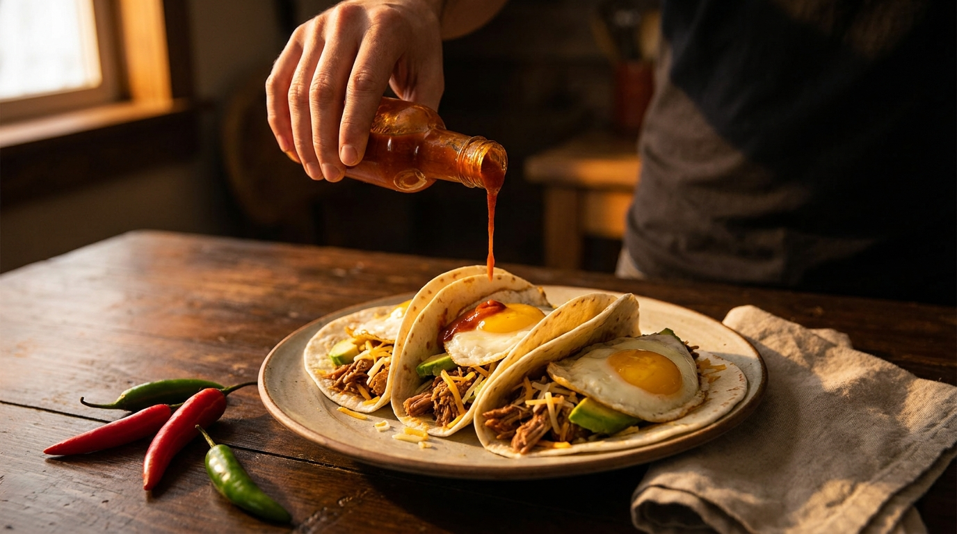 Brindle hot sauce being drizzled over a loaded plate of tacos and grilled vegetables