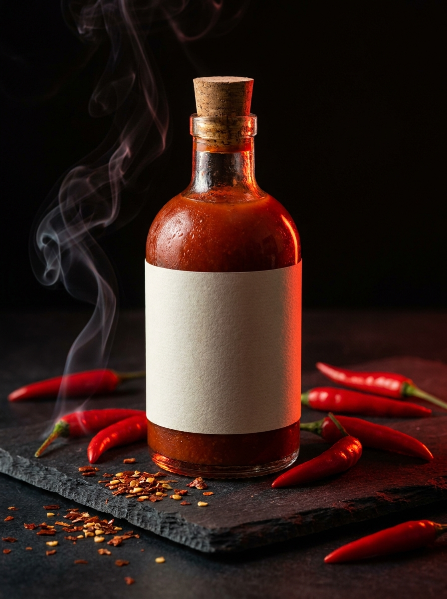 A bottle of Brindle hot sauce surrounded by fresh red chillies on a dark charcoal surface