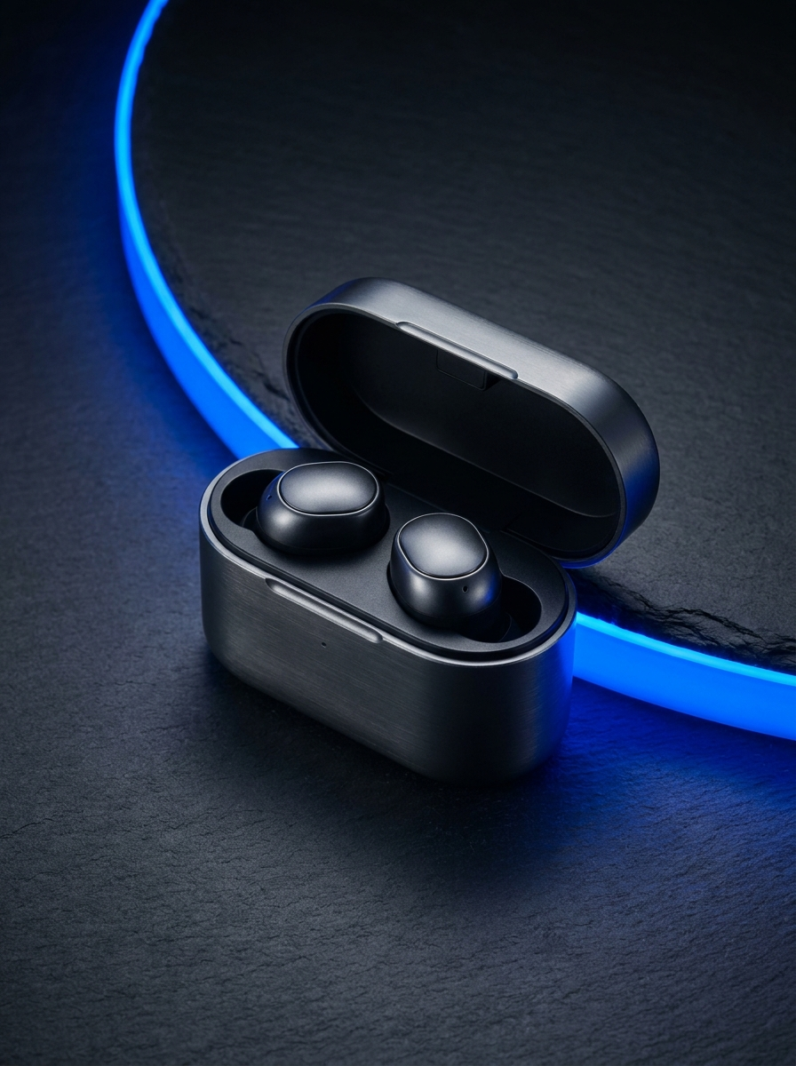 Cobalt Pro earbuds with four ear-tip sizes laid out beside the case