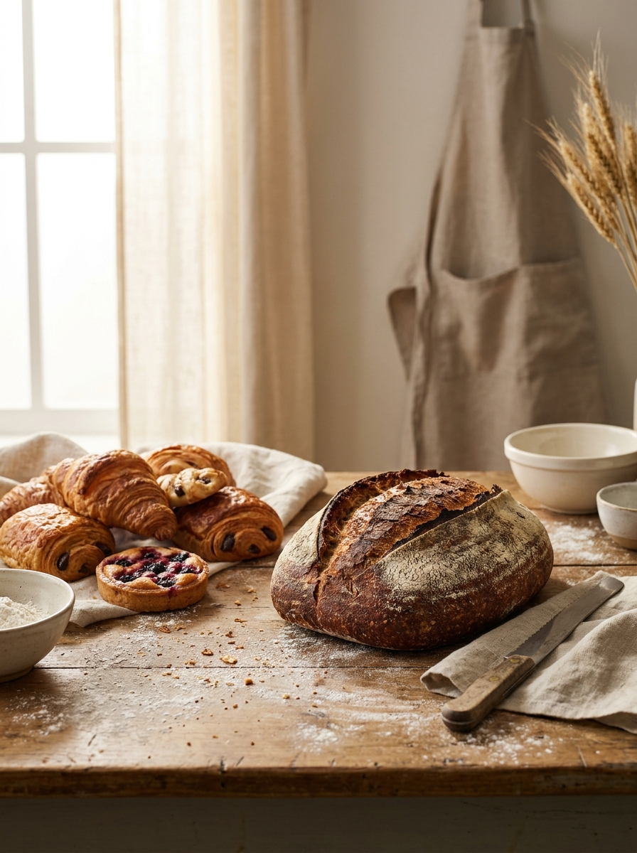 A round sourdough loaf with a deep crackled crust beside butter croissants and a pain au chocolat