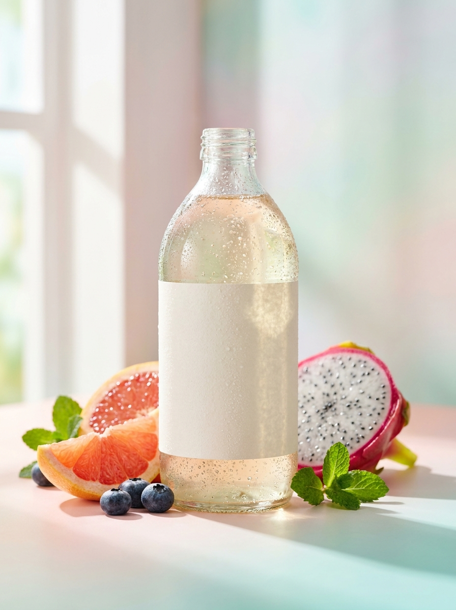 Culture kombucha bottle with bright label, beaded with condensation