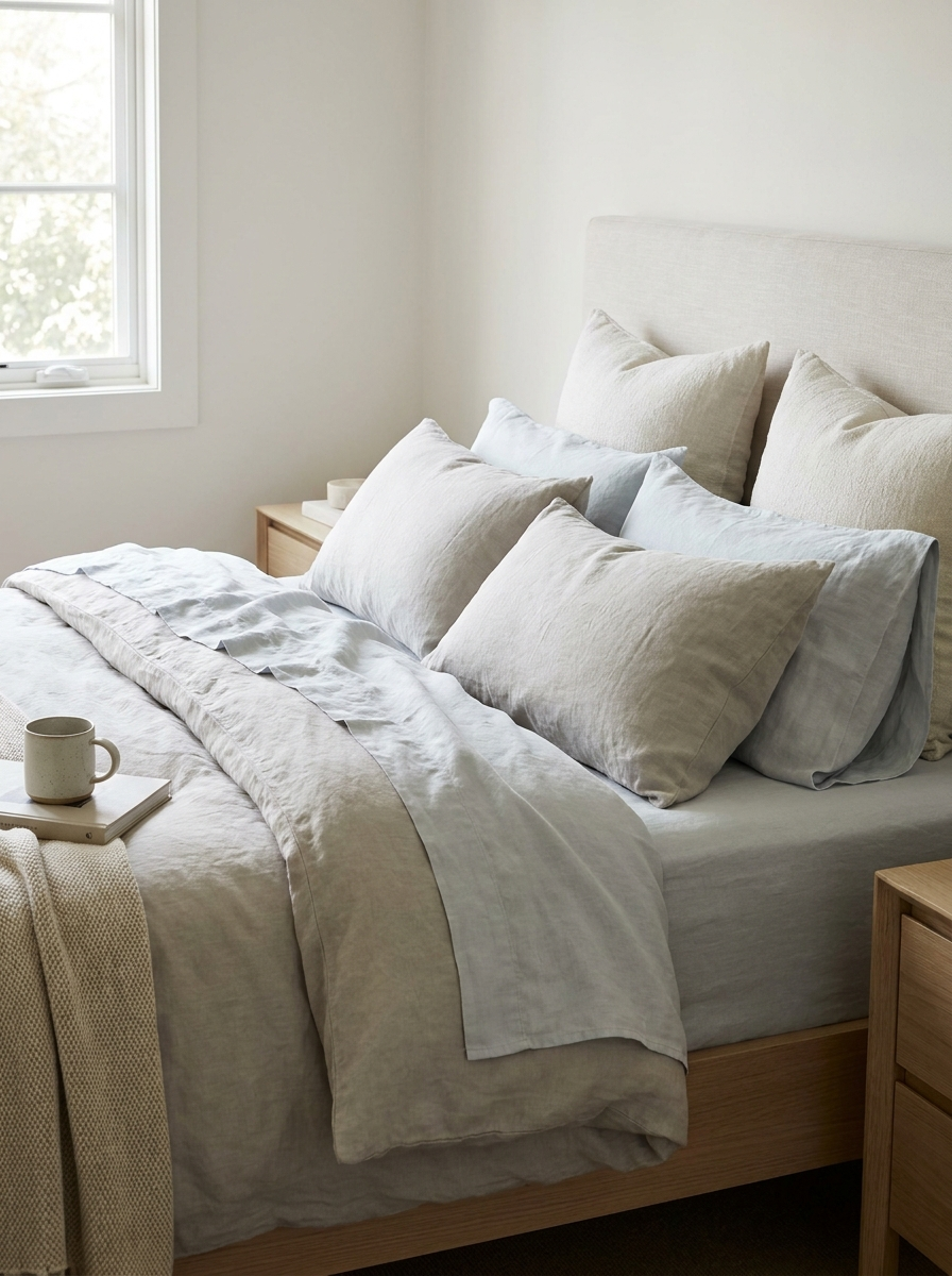 A neatly styled bed dressed in soft dusty blue Doze linen with layered pillows in morning light