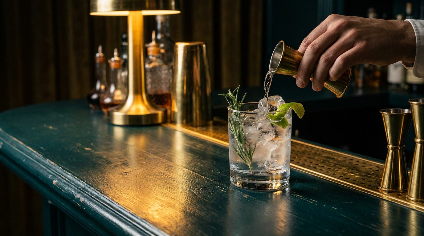 A gin cocktail being poured over ice with a citrus twist