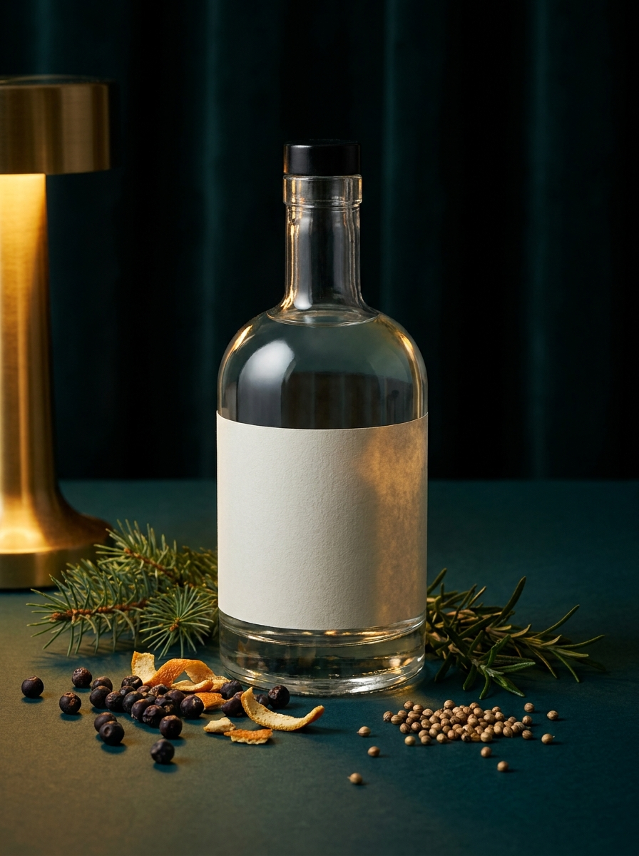 Dram craft gin bottle lit moodily against a deep teal backdrop