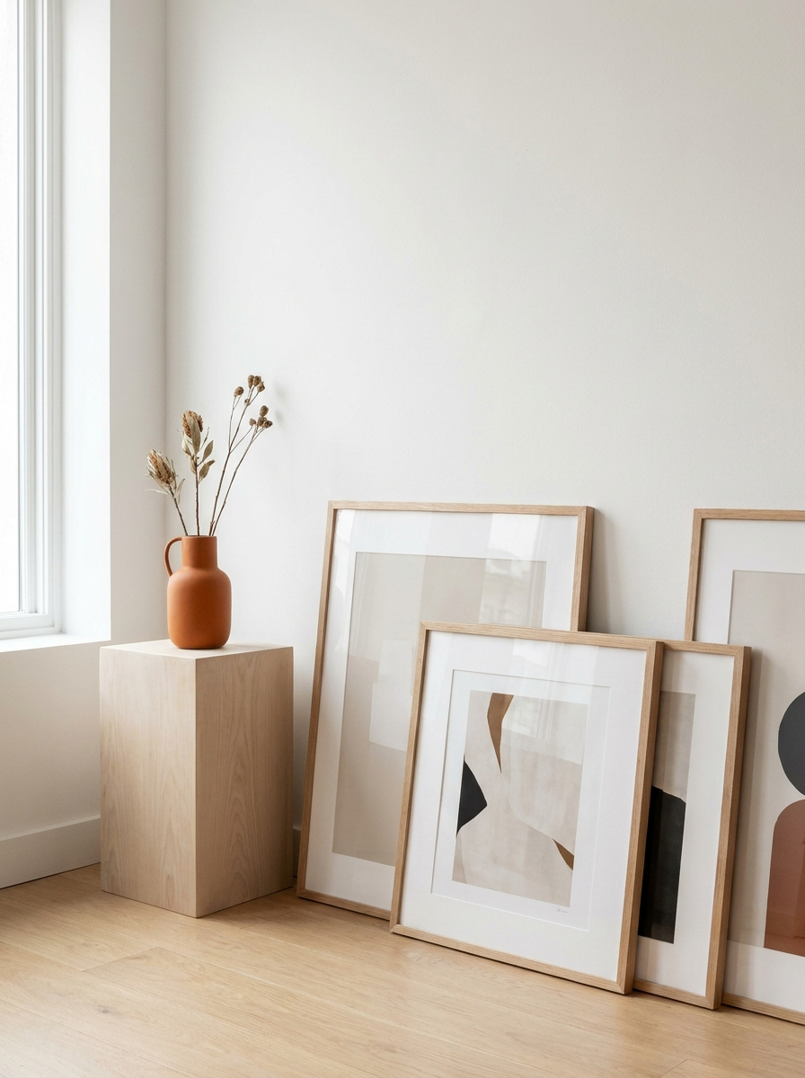 Framed abstract prints leaning against a sunlit white gallery wall on oak flooring, beside a terracotta vase of dried stems