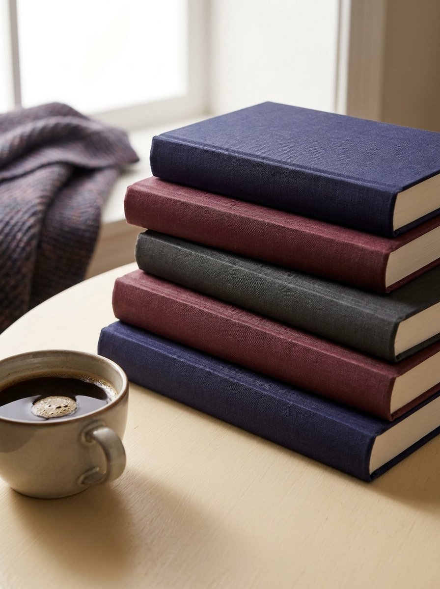 A neatly arranged stack of cloth-bound hardback books from the Folio collection