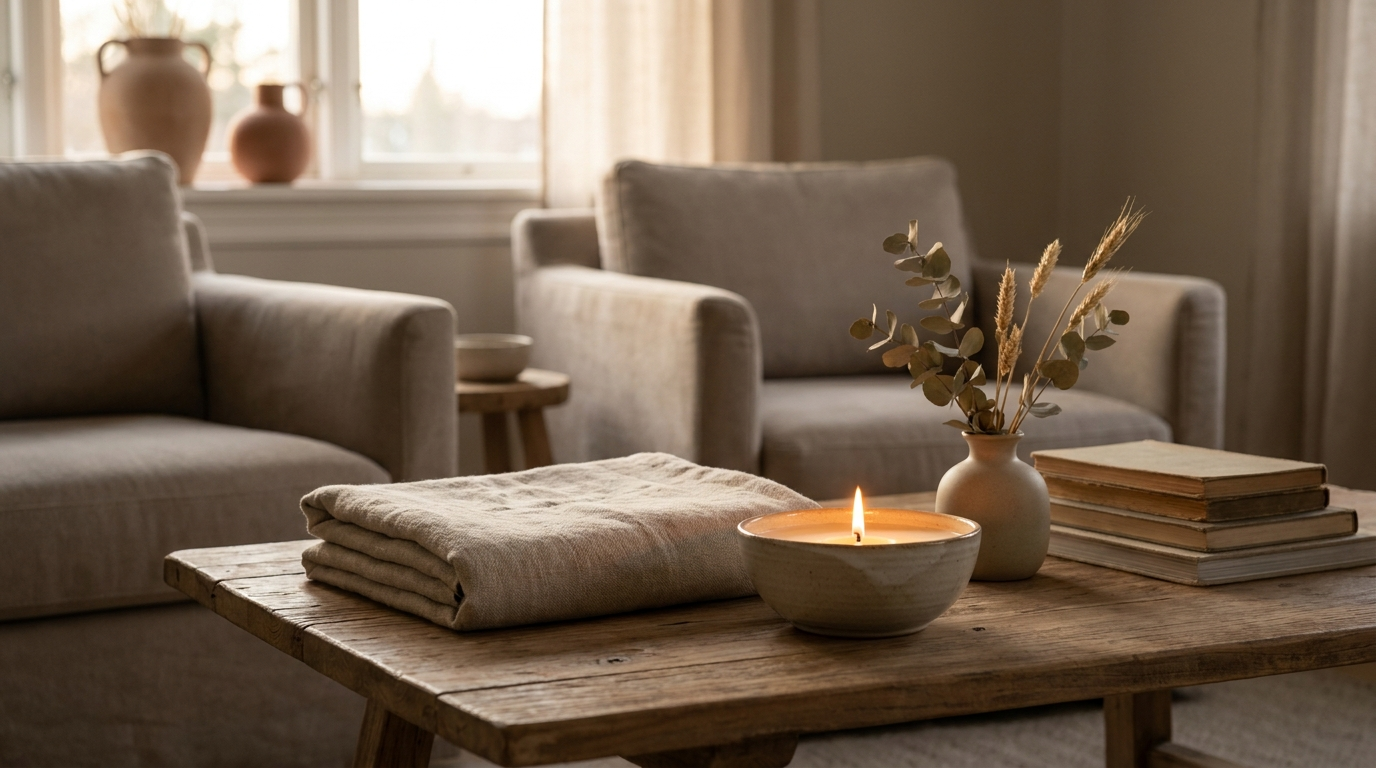 Candle glowing on a linen draped table in soft morning light