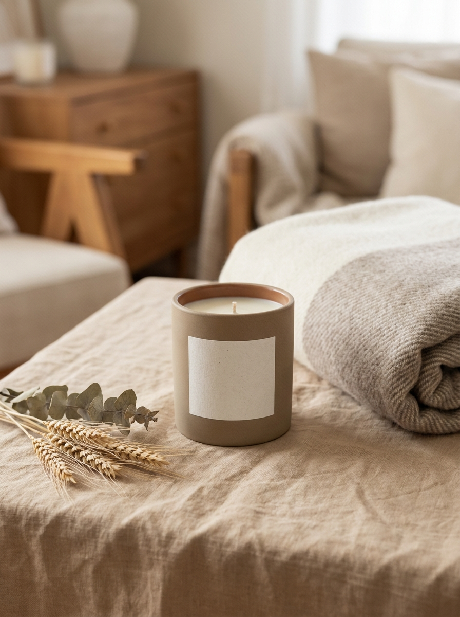 Hearth hand poured candle in a matte clay vessel with a soft lit flame