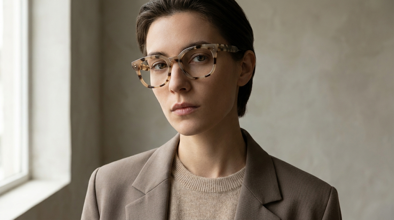 Model wearing Lapse acetate prescription glasses, soft daylight portrait