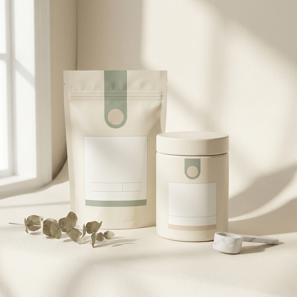 Lumira marine collagen jar styled with soft cream and sage tones