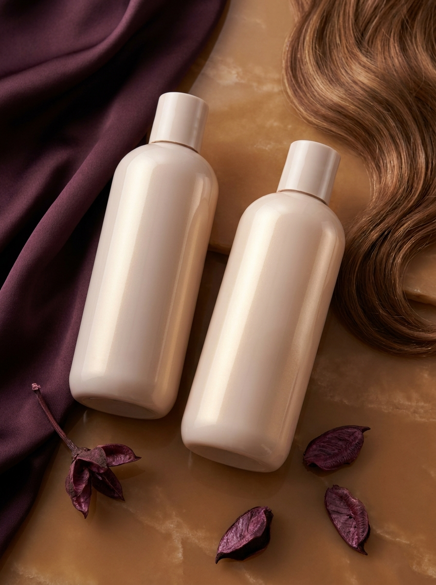 Mane shampoo and conditioner duo bottles in caramel and plum