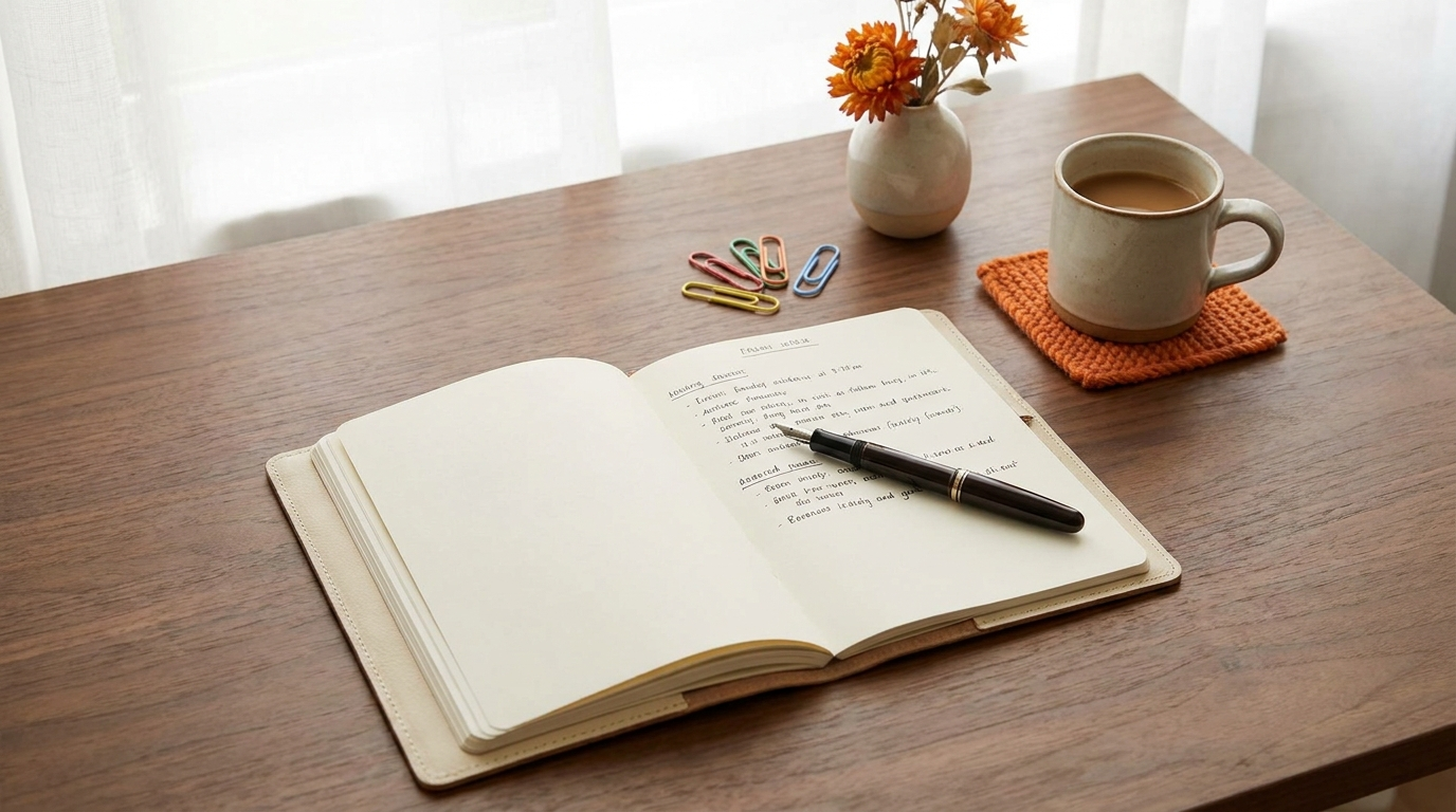 Close up of an open Margin notebook on a desk with a pen resting in the gutter