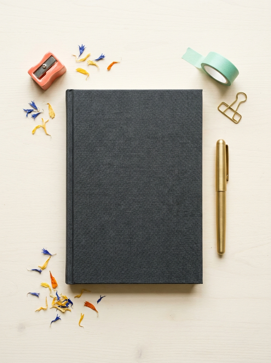 A Margin notebook lying flat beside its matching pen on a warm paper backdrop