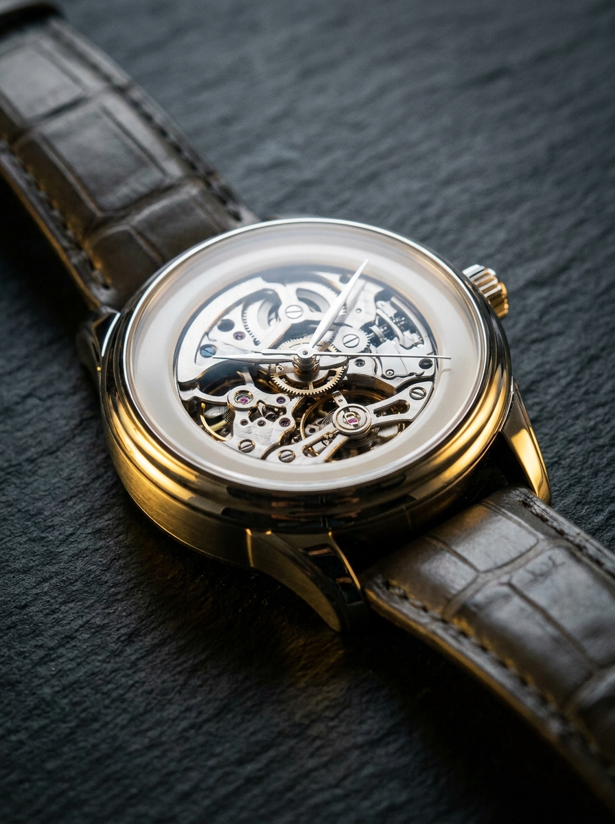 Meridian 01 automatic watch with a steel case shot in macro against a dark graphite backdrop