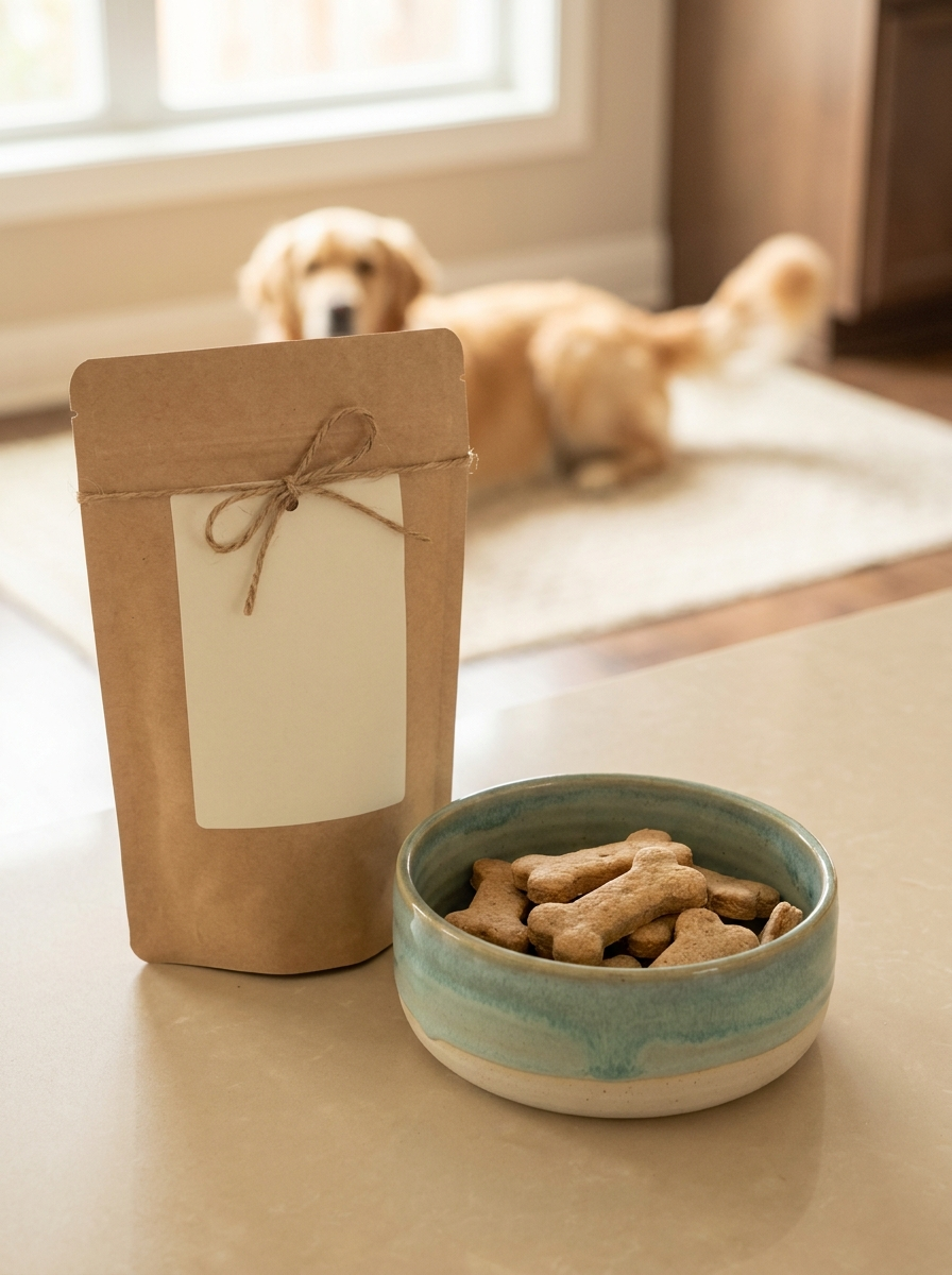 Otis kraft food pouch beside a happy golden dog