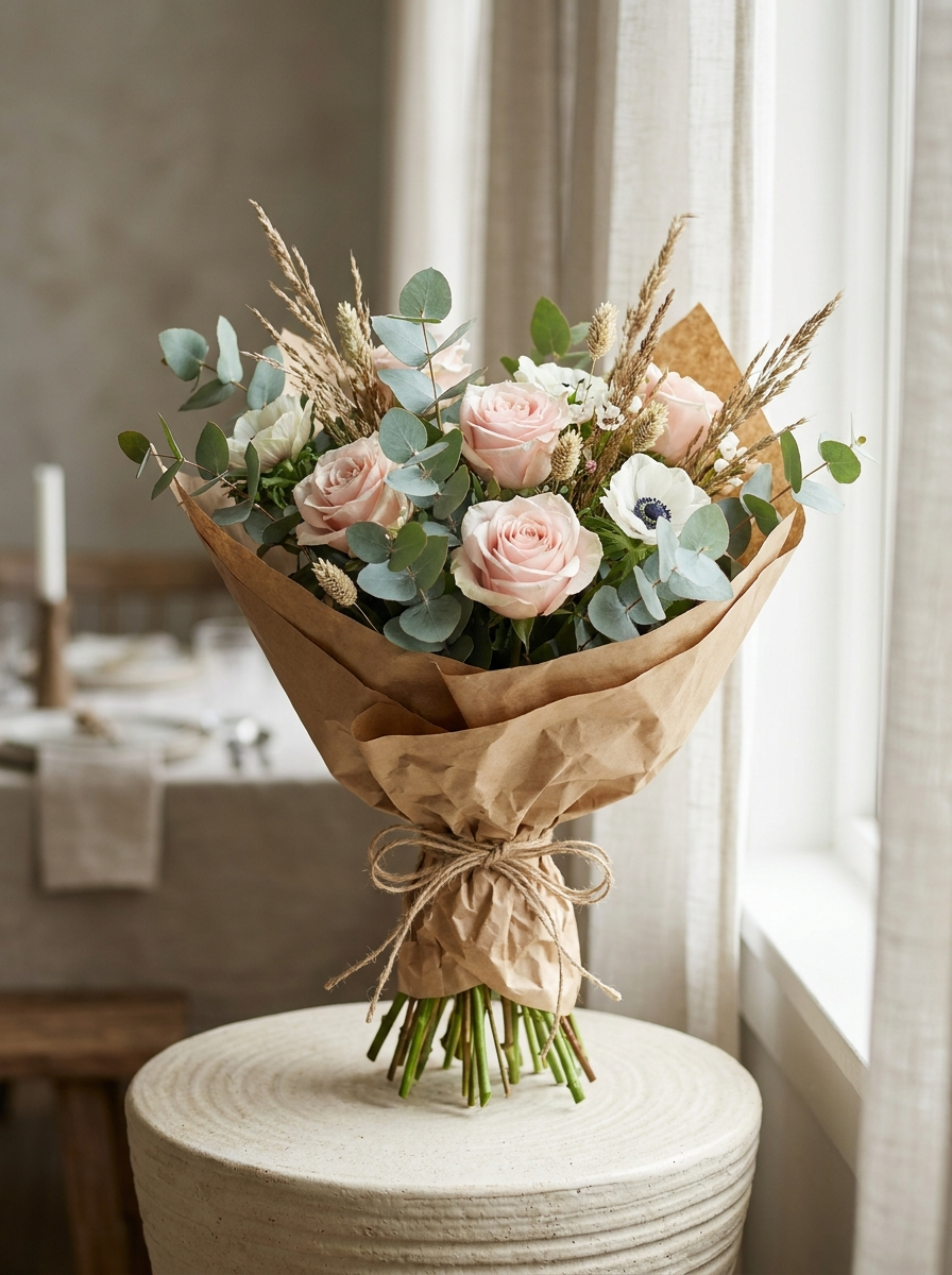 A hand-tied seasonal bouquet of blush roses, ranunculus and eucalyptus wrapped in soft kraft paper