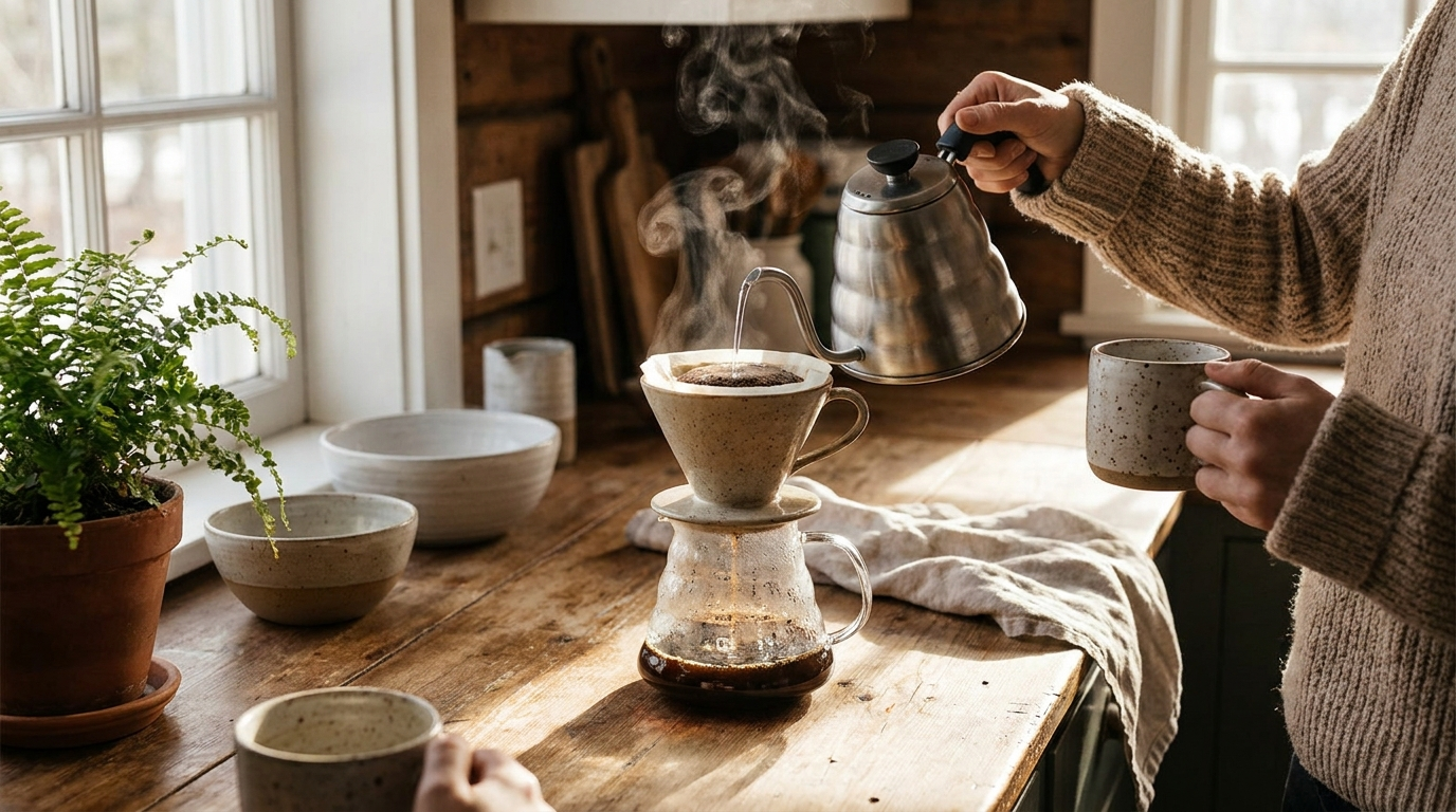 A slow pour over brewing fresh coffee on a warm wooden counter