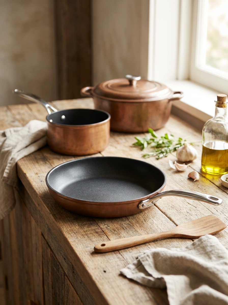The Skillet everyday forged-steel frying pan with a riveted handle on a warm kitchen counter