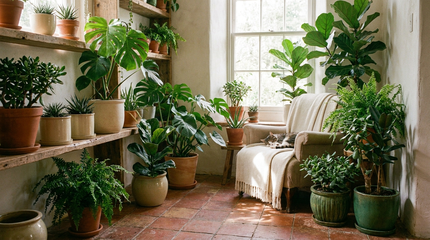 A styled plant corner with two potted plants on a wooden shelf beside a sunny window