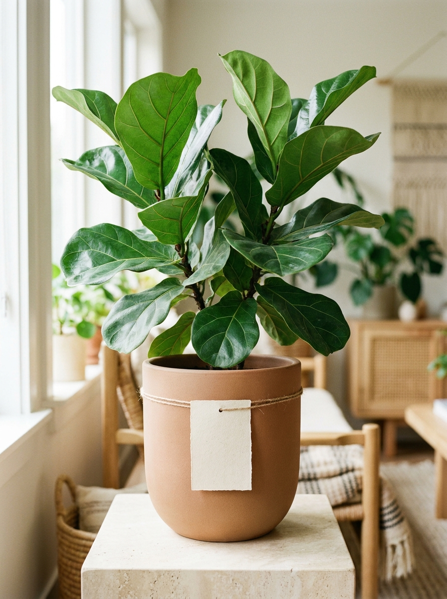 A potted Sprig houseplant in a matte terracotta pot, leaves catching soft morning light