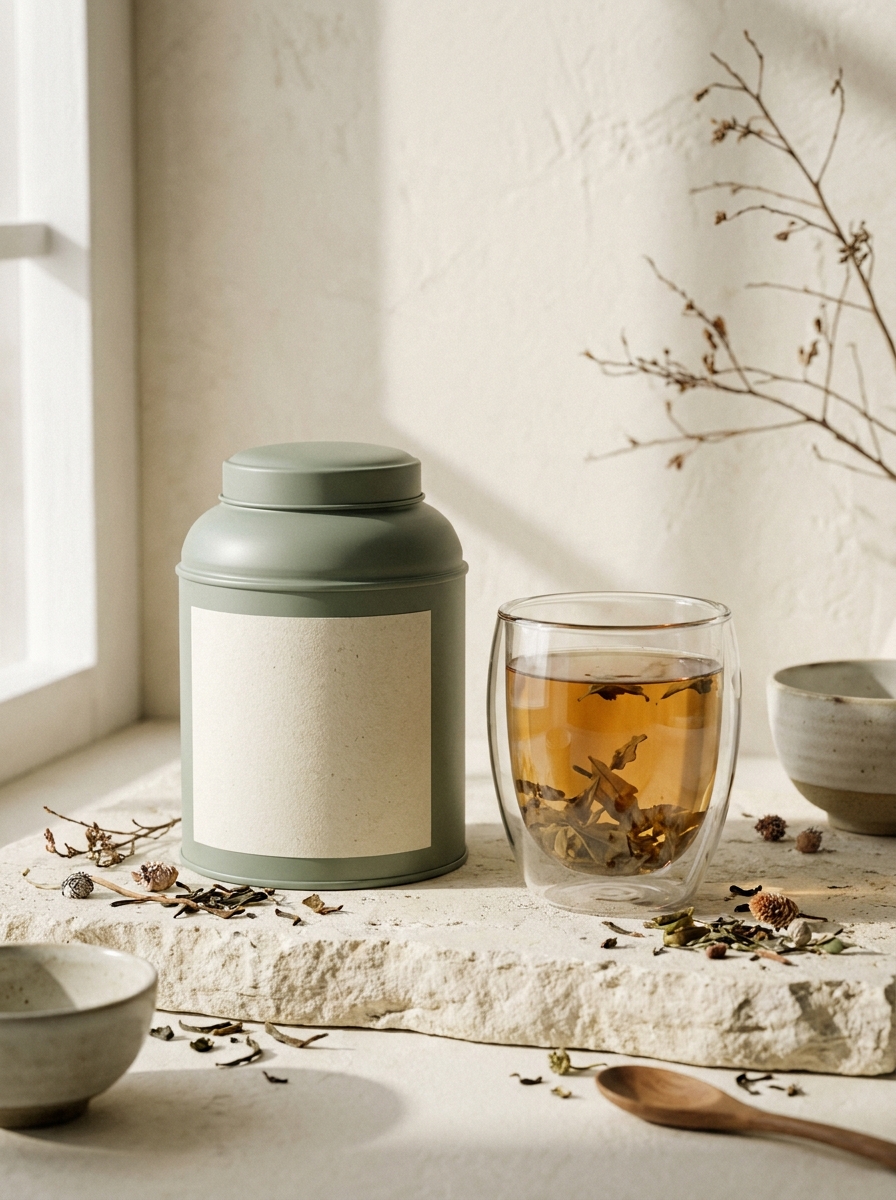 A ceramic Steep tea caddy beside a warm cup of freshly steeped loose-leaf tea