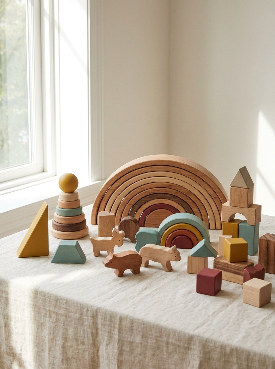 A set of brightly painted Tinker wooden toys: stacking rings, a pull-along, and shape blocks in mustard, teal and red