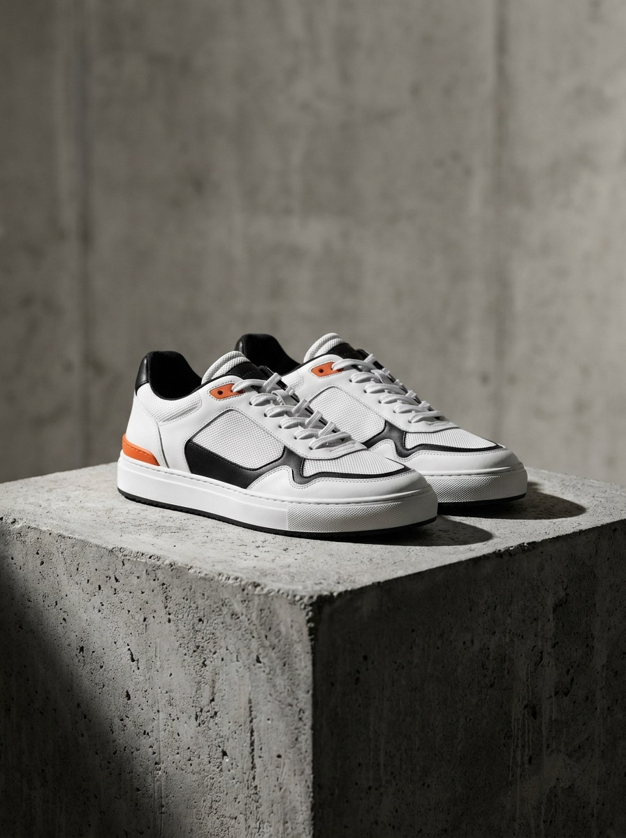 Tread RX-1 sneaker in white, black and orange on a concrete plinth under studio light