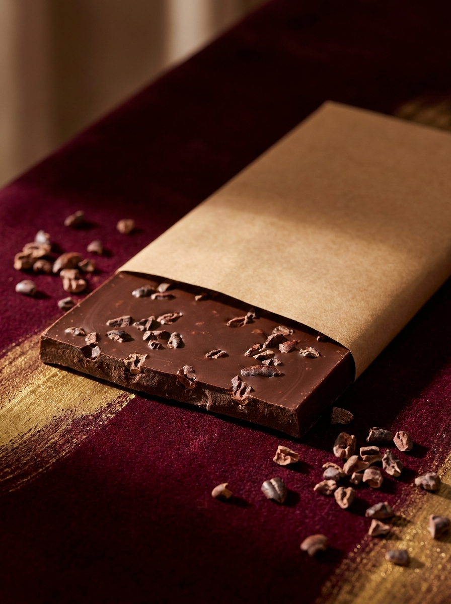 A single-origin Truffe dark chocolate bar, unwrapped on stone