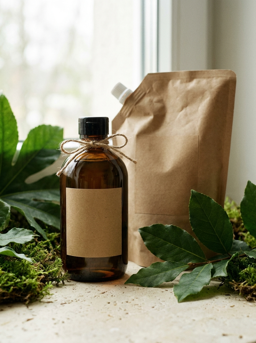 A flat refill pouch being poured into a reusable bottle