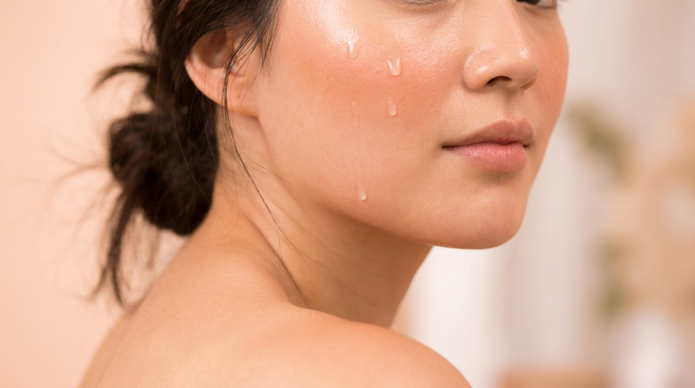 Close up of dewy, hydrated skin with fine drops of serum resting on the cheek