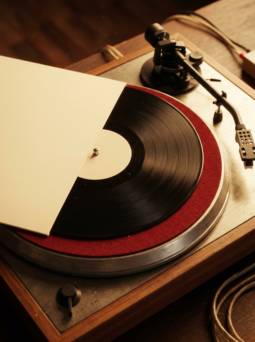 A collector lowering a tonearm onto a record beside a stack of sleeves
