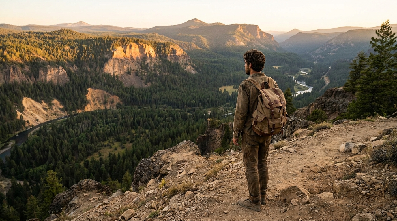 A hiker wearing the Wilder pack on a high alpine ridge at sunrise