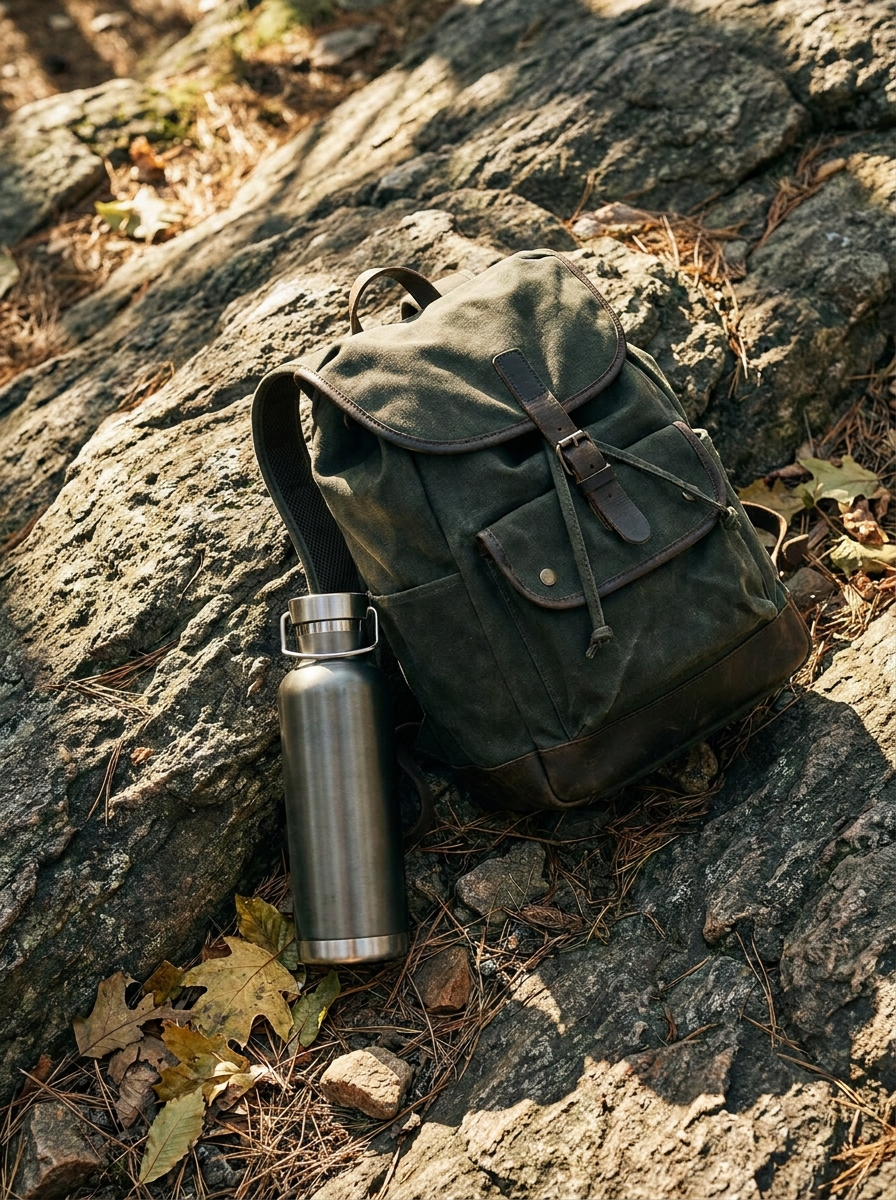Wilder Ridgeline backpack and Drylock bottle resting on a granite ridge above a misty valley